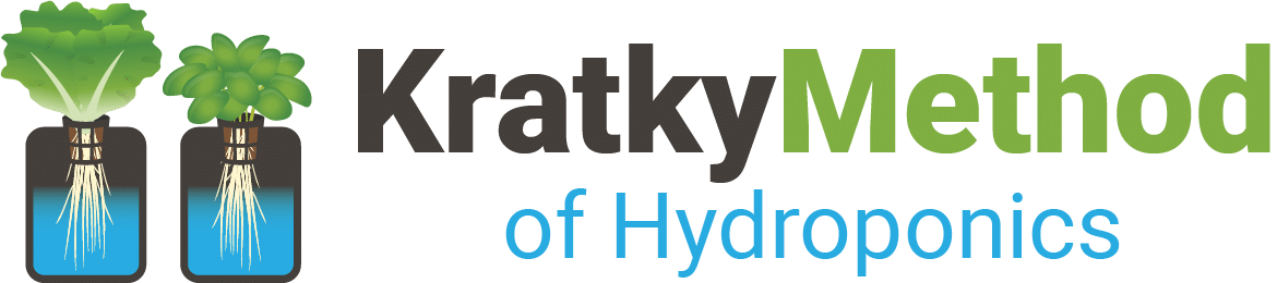 Detailed Kratky Hydroponics system showcasing effortless soilless gardening practices for home-based sustainable cultivation of vegetables and herbs. The Kratky Method of Hydroponics Logo is shown.